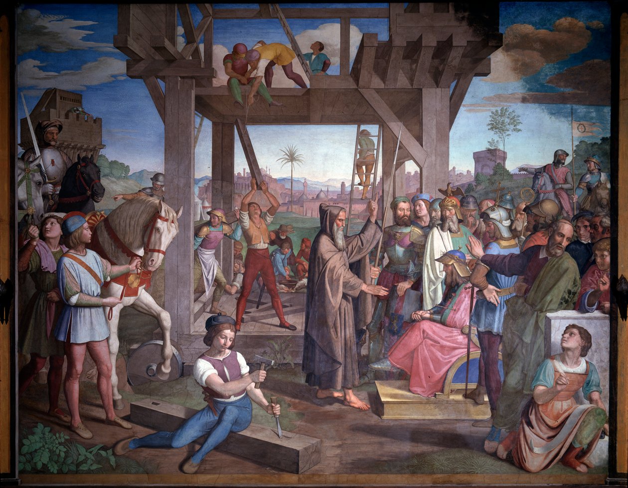 Primeira cruzada: Preparativos para o assalto de Jerusalém. Representação de Godefredo de Bouillon, sentado em frente a Pedro, o Eremita - Fresco de Friedrich Overbeck