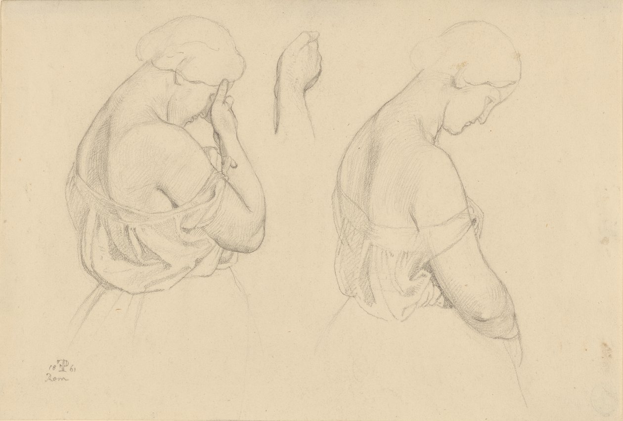 Duas figuras femininas a meio comprimento e um estudo de uma mão de Friedrich Preller
