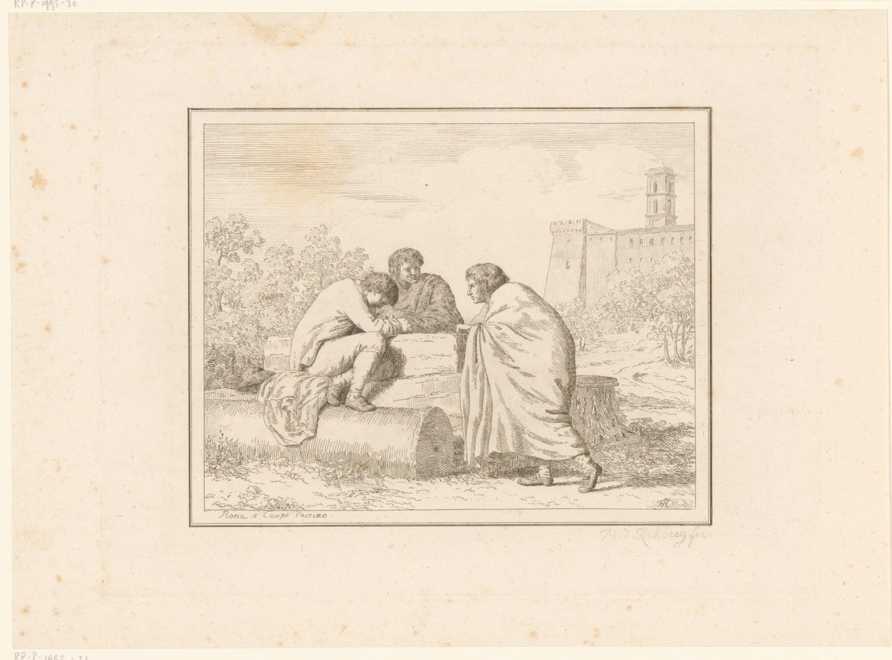 Três homens jovens
Cenas da vida quotidiana em Itália
Figura, prese dal vero, ed incise a aqua forte (título da série) de Friedrich Rehberg