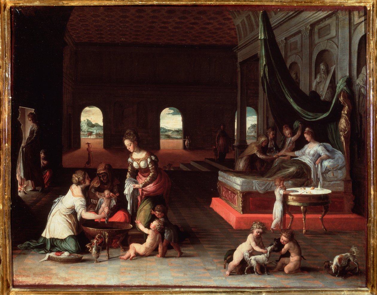 Nascimento de uma criança - ca 1565, óleo sobre tela de Friedrich Sustris