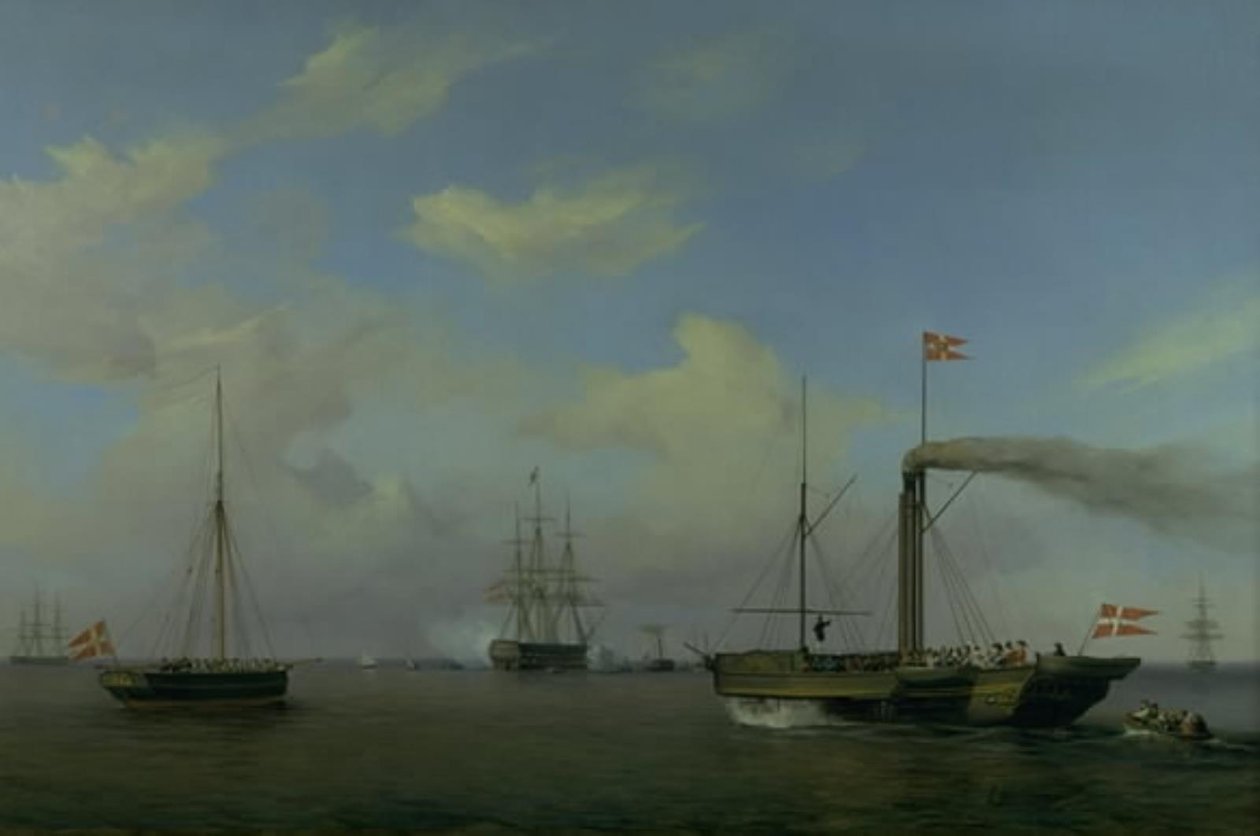 A esquadra dinamarquesa ancorada em Warnemünde rhed. Suas Altezas Reais o Príncipe Herdeiro e a Princesa Herdeira chegam no navio a vapor "Kiel" para o esquadrão, e o navio de guerra "Christian the Eighth" começa a saudar de Friedrich Theodore Kloss