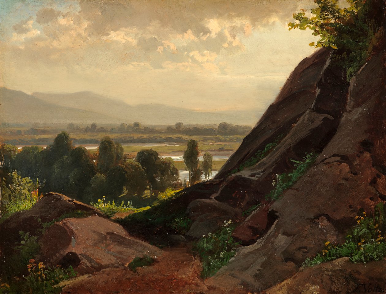Paisagem montanhosa com um afloramento rochoso em primeiro plano de Friedrich Voltz