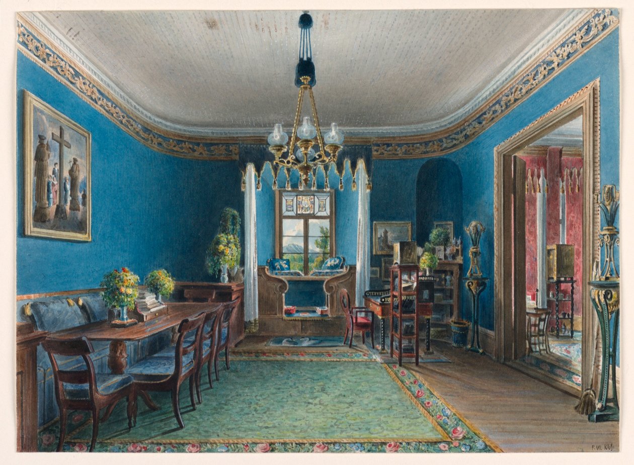 Desenho, O Quarto Azul, Schloss Fischbach, 1846 de Friedrich Wilhelm Klose