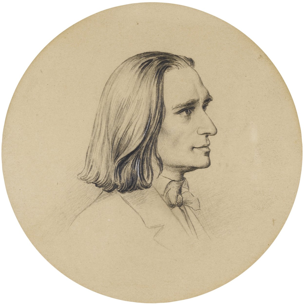 Retrato do compositor Franz Liszt (Retrato do Compositor Franz Liszt (1811-1886)) desenho de Friedrich Preller, o Velho (1804-1878) Diam 14,5 cm Coleção particular de Friedrich the Elder Preller