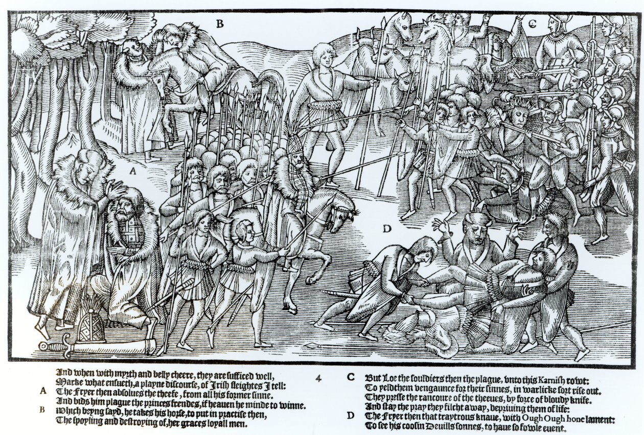 O chefe irlandês recebe a bênção do padre antes de partir para lutar contra os ingleses, que são mostrados com armadura completa, placa 4 de "The Image of Ireland", de John Derricke, 1581 de Friedrich van Hulsen