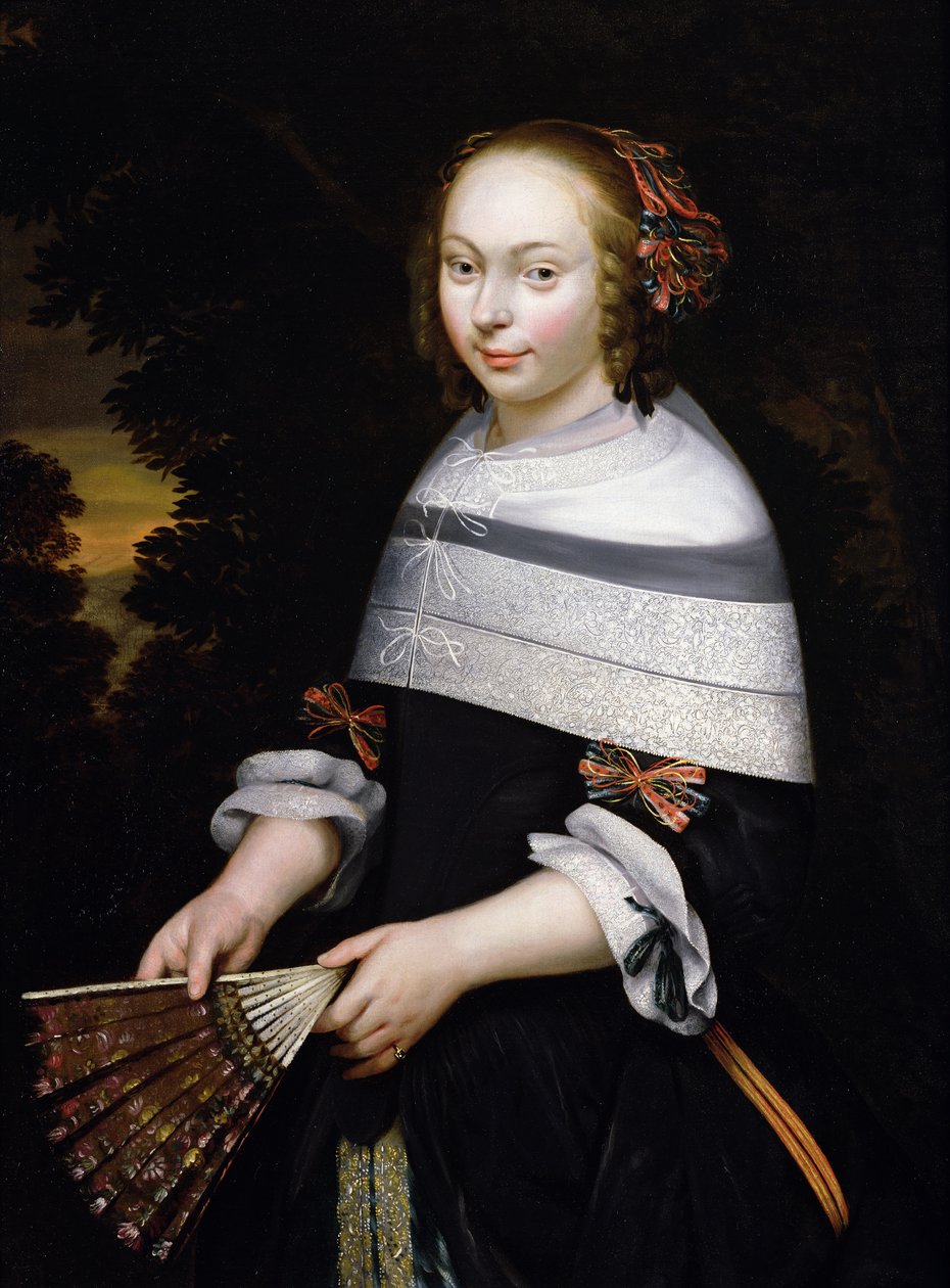 Um, retrato, de, um, menina jovem, segurando, um, ventilador, um, paisagem, além, c.1650 de Friesian School