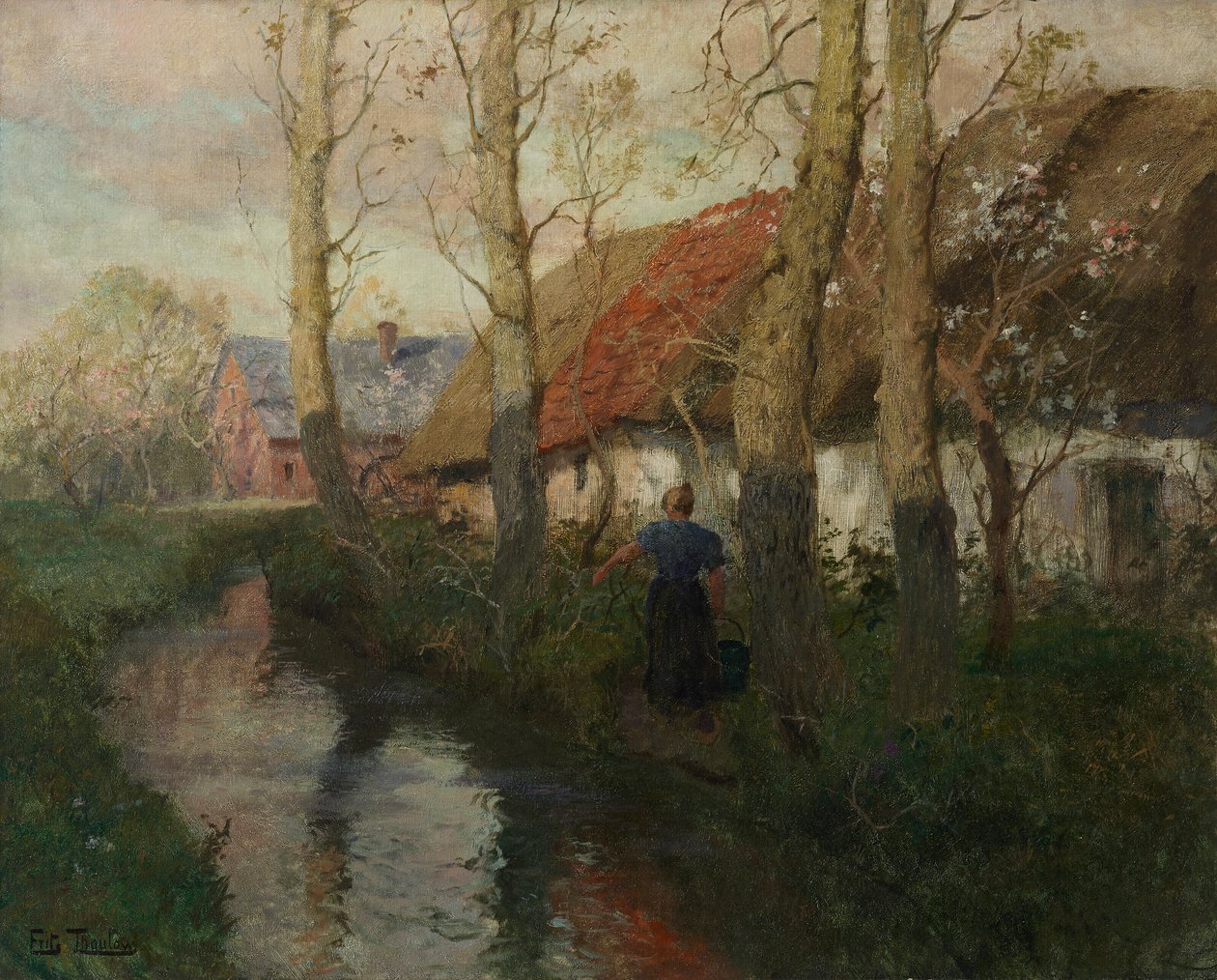 Um rio na Normandia com uma mulher a carregar água de Frits Thaulow