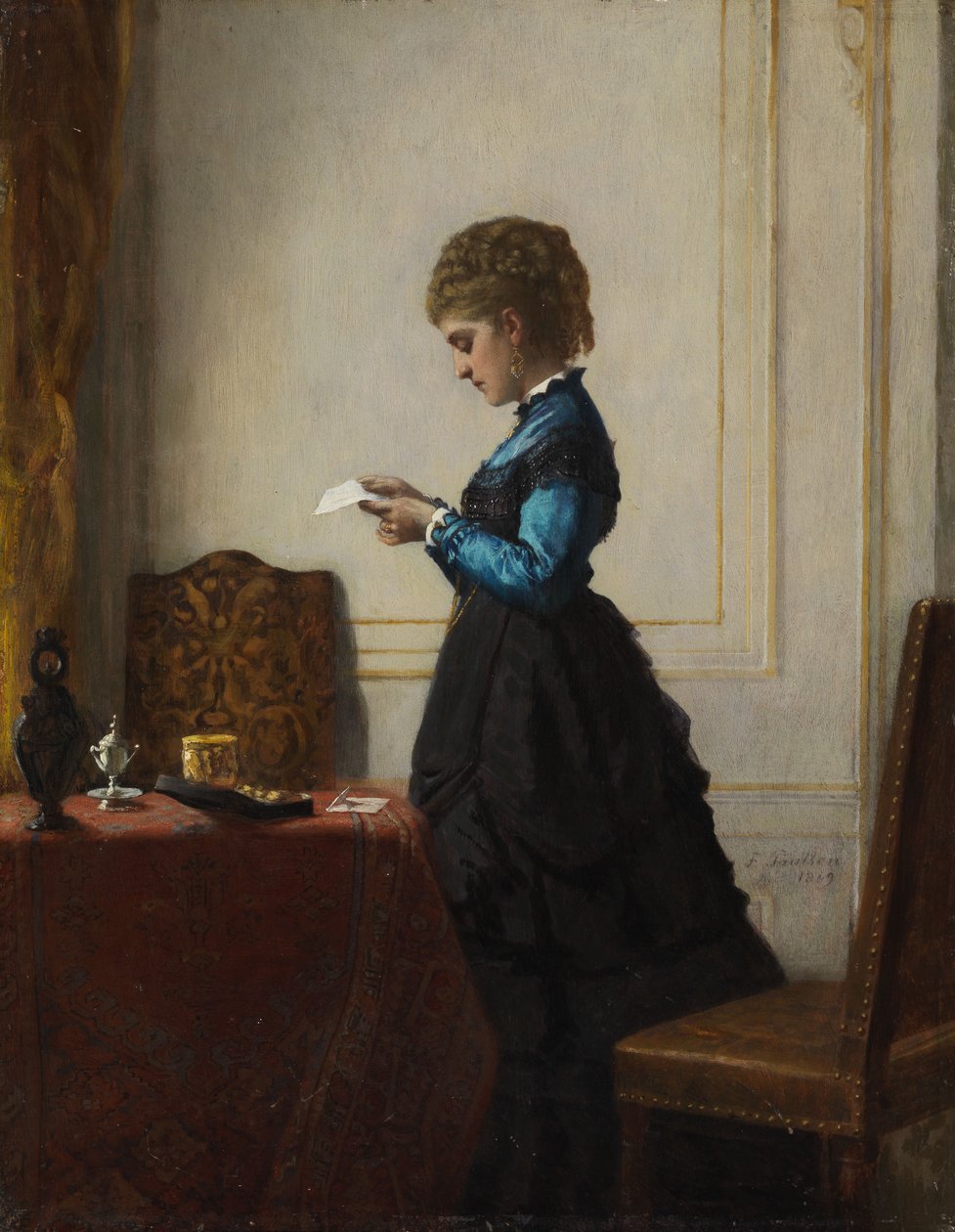 Mulher jovem, frente, um, janela, enquanto, leitura uma carta de Fritz Paulsen