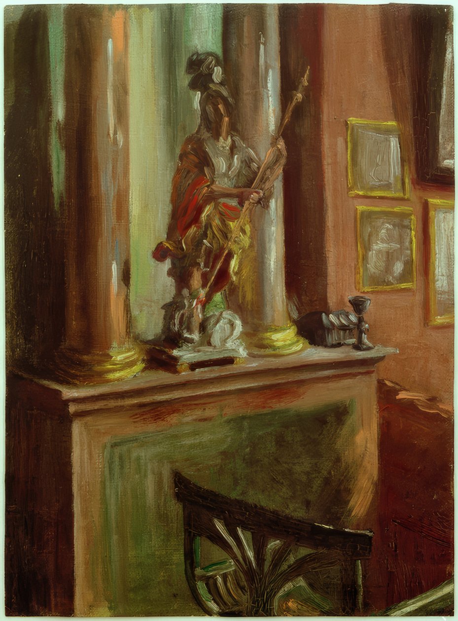 Cena do atelier com uma estatueta barroca de São Jorge de Fritz von Uhde