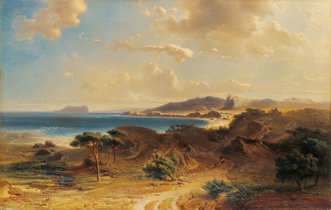 Praia em Estepona com vista para a Rocha de Gibraltar - Bamberger, Fritz (Friedrich) (1814-1873) - 1855 - Óleo sobre tela - 73x112,7 - Museo Carmen Thyssen, Málaga de Fritz Bamberger