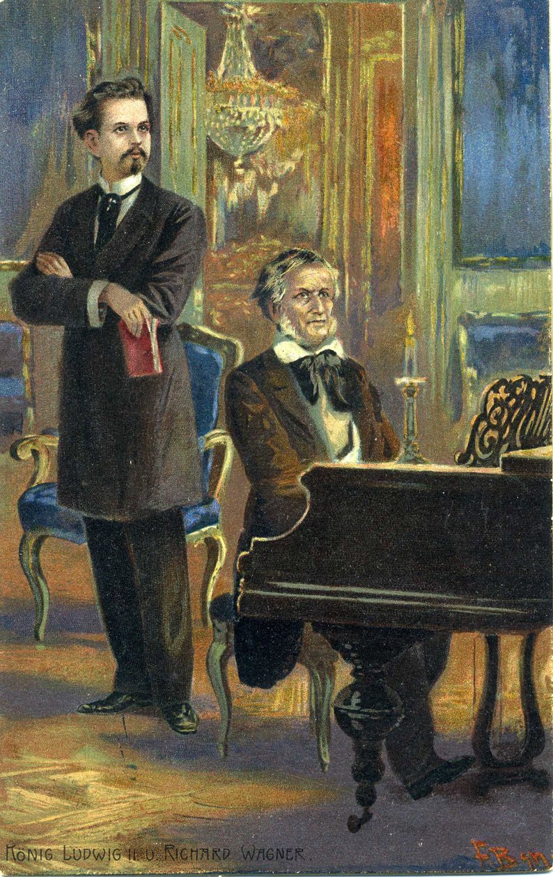 Wagner e Rei Ludwig II, c.1900 (cor litho) de Fritz Bergen