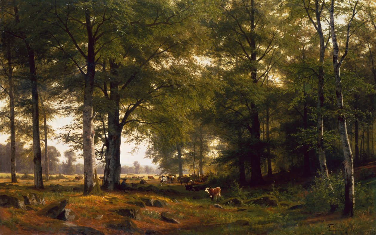 Uma Paisagem arborizada com um Cowherd de Fritz Carl Werner Ebel