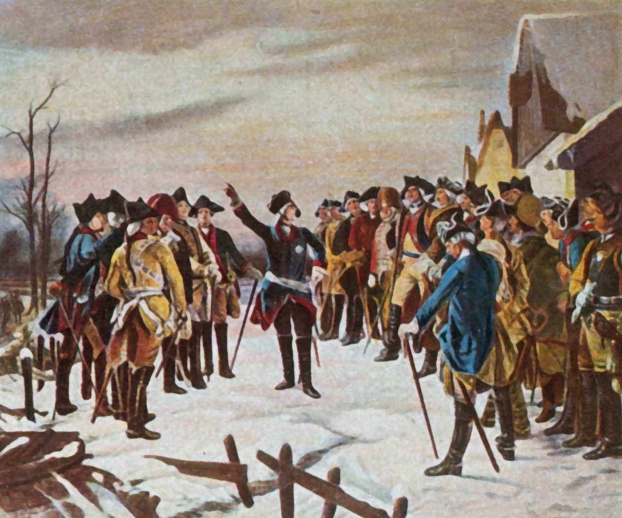 Discurso de Frederico, o Grande, aos seus generais na véspera da Batalha de Leuthen, 5 de dezembro de 1757 (litografia a cores melhorada) de Fritz Roeber