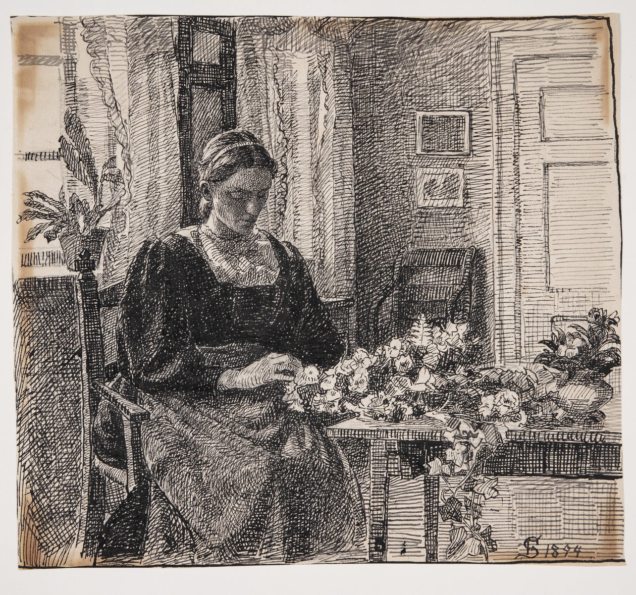 Minha esposa (Sra. Anna Syberg) amarra a coroa de Fritz Syberg