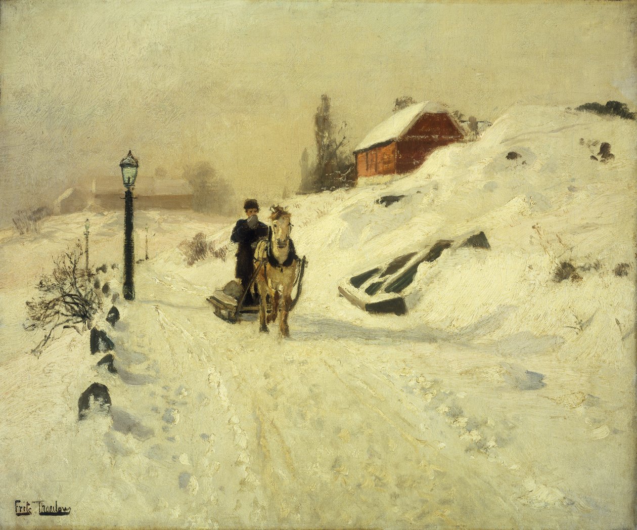 Um trenó puxado a cavalo em uma paisagem de inverno de Frits Thaulow