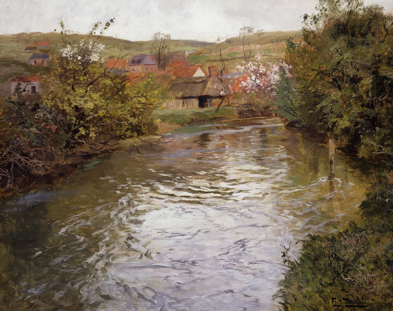 Casas de fazenda nas margens de um riacho, de Frits Thaulow