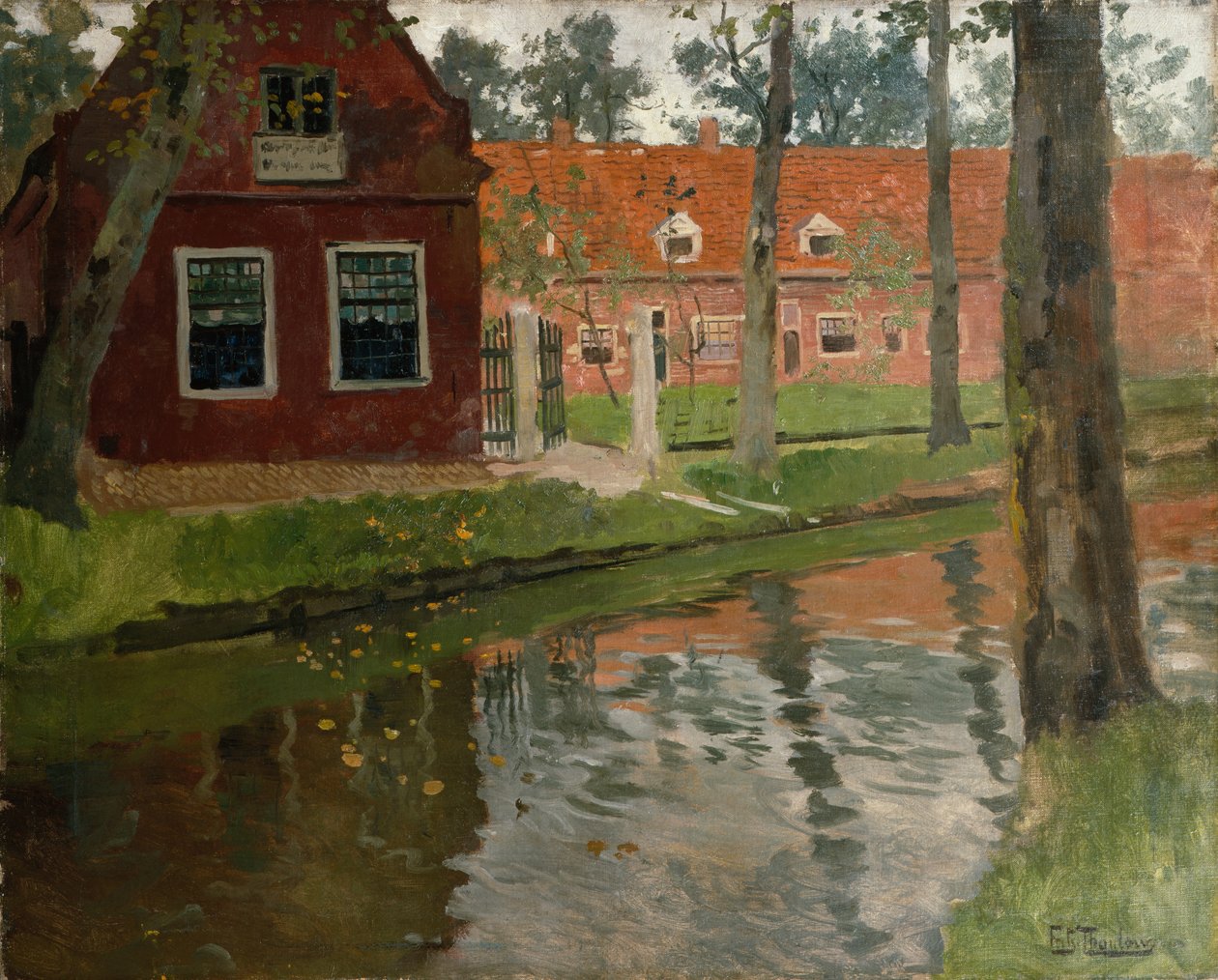 De Vollendam, casa vermelha, água de Fritz Thaulow