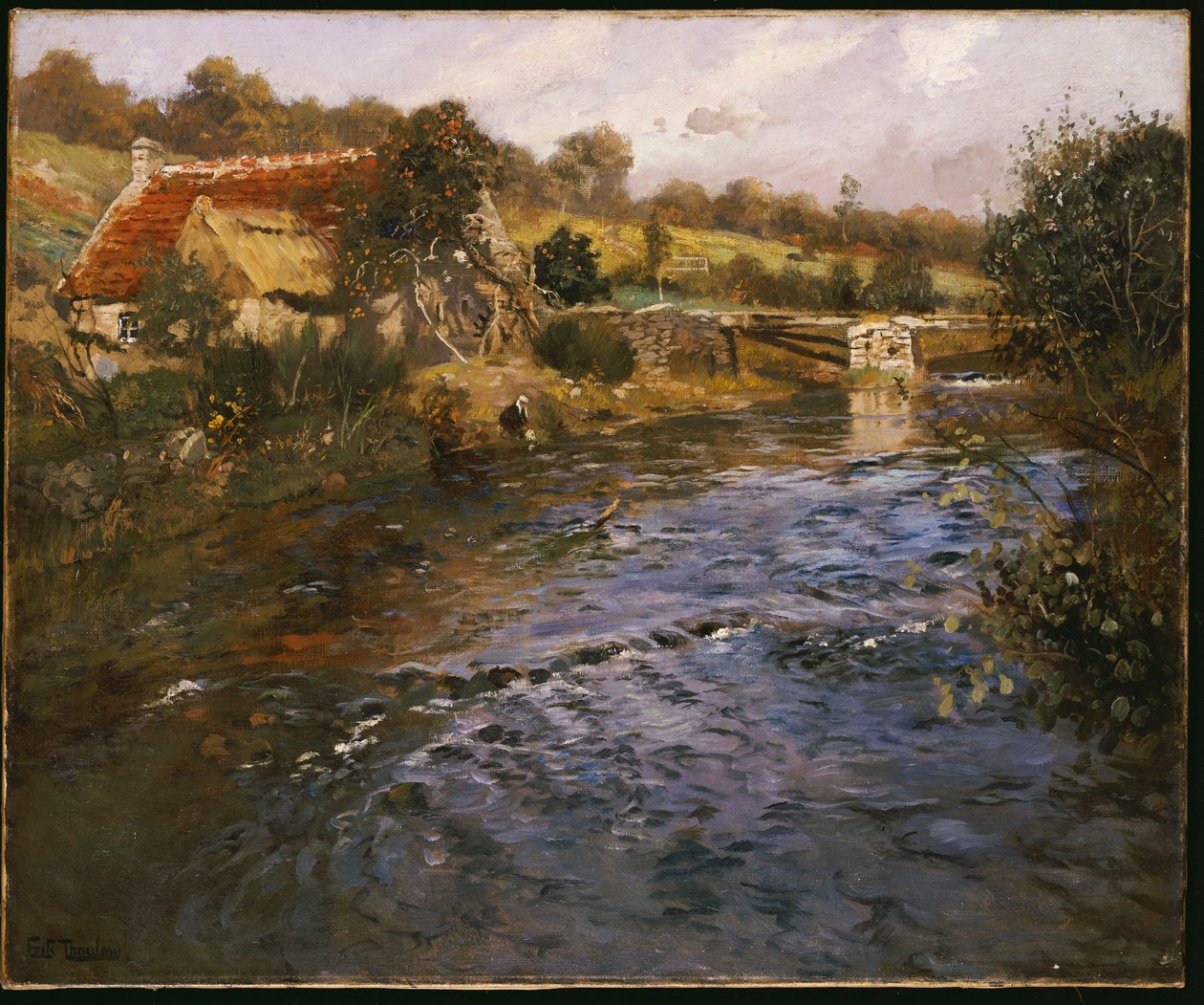 Paisagem do rio com uma lavadeira de Frits Thaulow