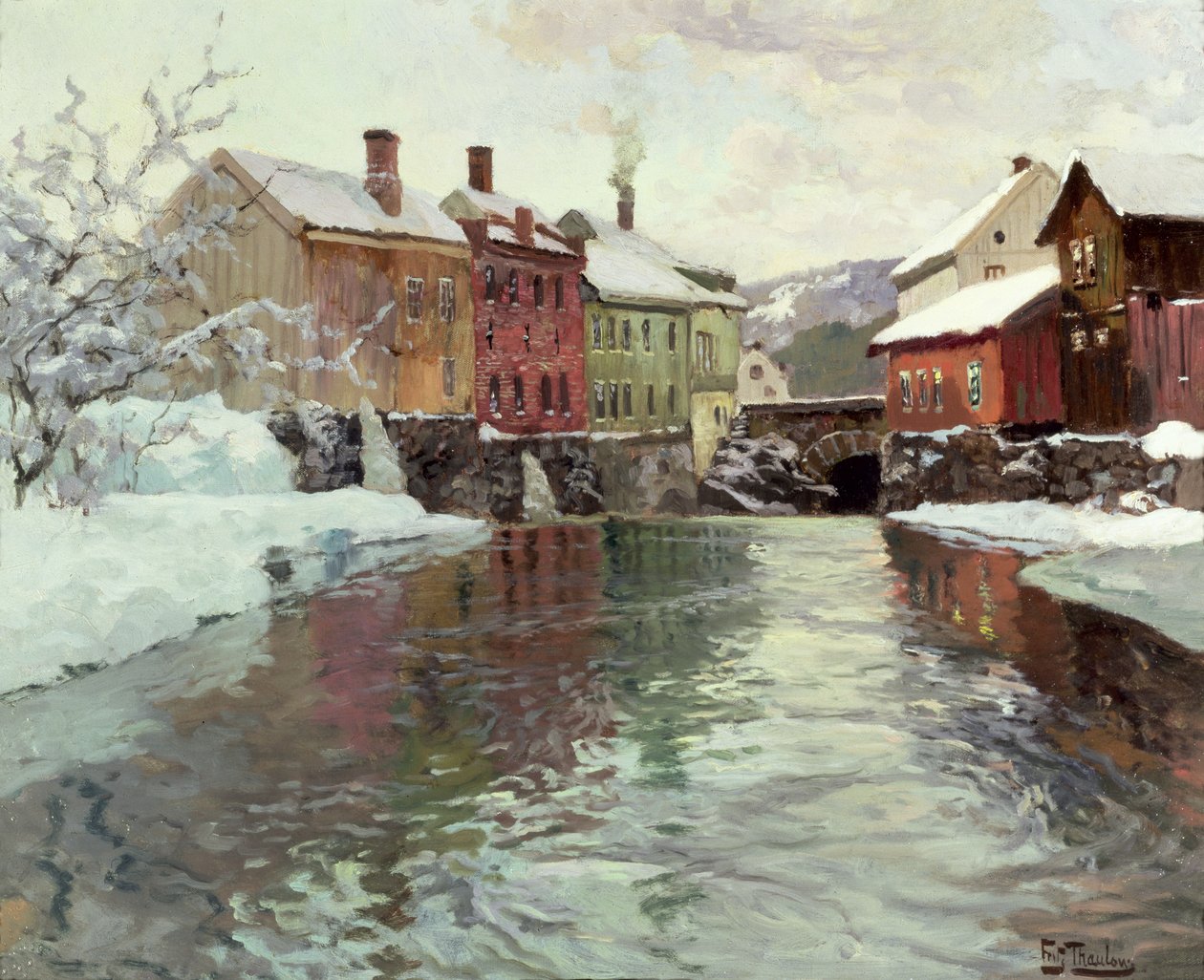 Edifícios cobertos de neve por um rio de Frits Thaulow