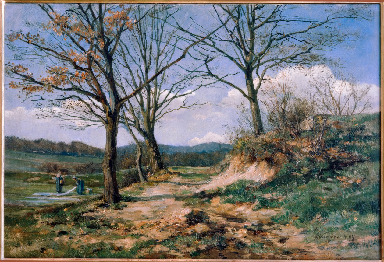 Paisagem de Taunus com lavadeiras de Fritz Wucherer