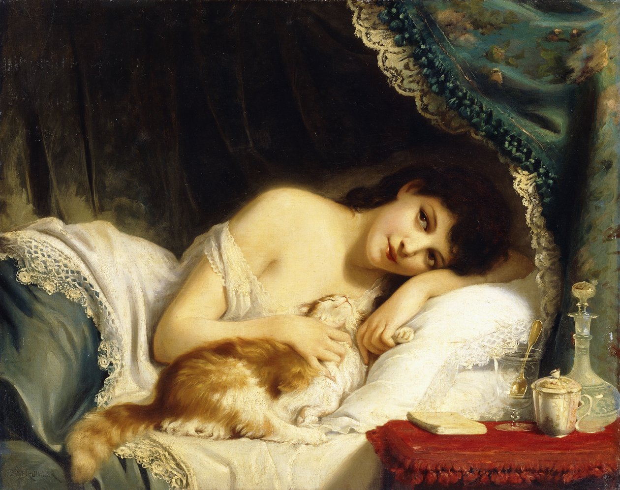 Uma beleza reclinada com seu gato, de Fritz Zuber Buhler