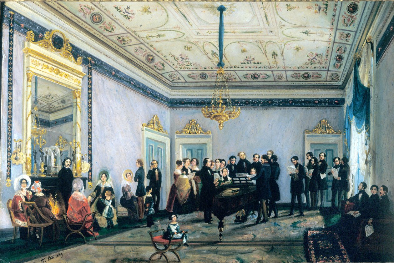 Concerto na casa da Branca (Salão, ou encontro das personalidades do mundo da música em Milão), 1839 de Fulvia Bisi