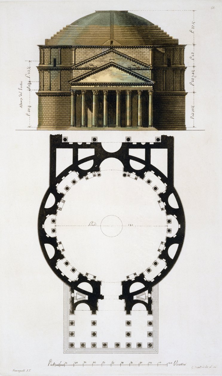 Plano térreo e fachada do Panteão, Roma, de Le Costume Ancien et Moderne por Jules Ferrario, gravado por G. Castellini, publicado lit. c.1820s-30s cor de Fumagalli