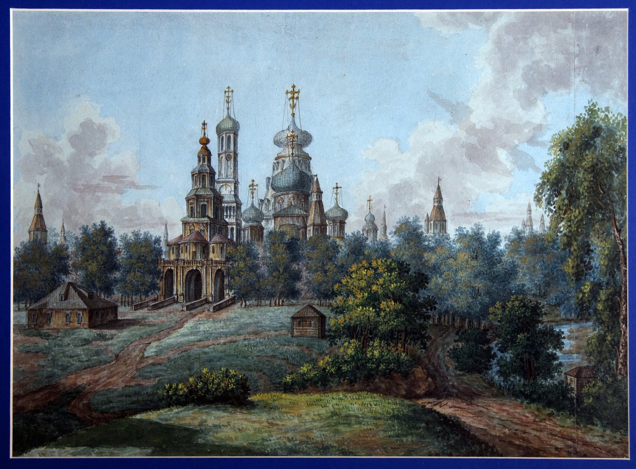 O Mosteiro da Nova Jerusalém. Arquitectura ortodoxa russa, em Istra, perto de Moscovo. Trabalho de Fyodor Yakovlevich Alexeyev (1753-1824), aguarela e tinta sobre papel, cerca de 1800. Arte russa, início do século XIX, classicismo. St de Fyodor Alexeyev