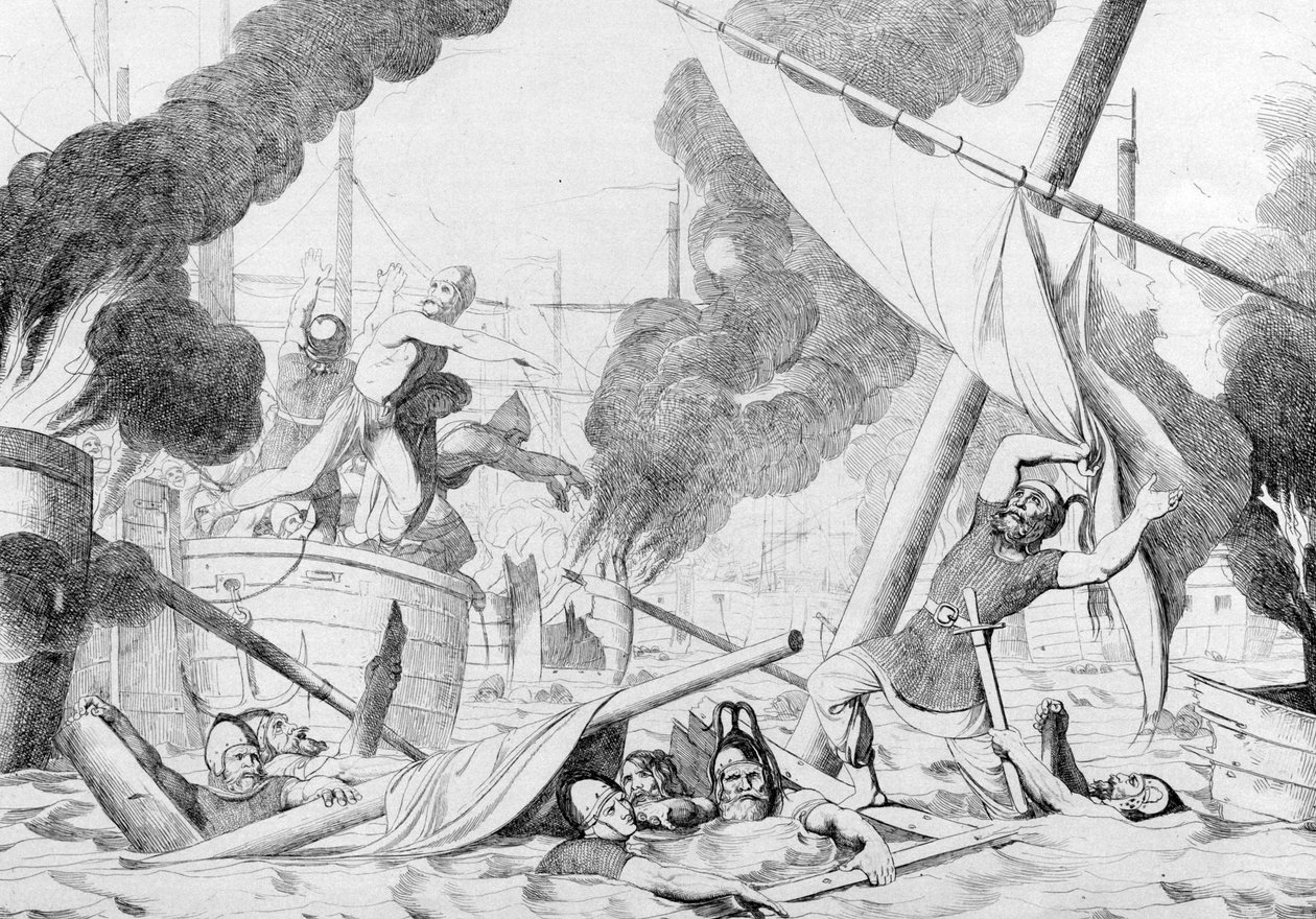 Fogo grego durante o cerco de Constantinopla, antes de 1839 de Fyodor Antonovich Bruni