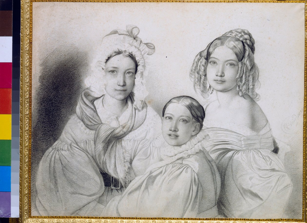 Retratos das condessas Praskovia (1817-1835), Nadezhda (1822-1840) e Maria (1813-1849), filhas do príncipe russo Piotr Viazemski (Pierre Wiazemsky) (1792-1878) - Desenho de Feodor (Fidelio) Bruni ( 1799-1875) de Fyodor Bruni