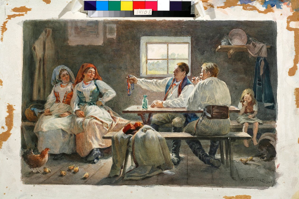 O sedutor: um homem aponta para uma das duas jovens camponesas sentadas ao lado da mesa onde está sentado - Trabalho de Fyodor Fyodorovich Buchholz (Feodor Feodorovich Bukholts, Teodor Buchholz) (1857-1942) de Fyodor Buchholz