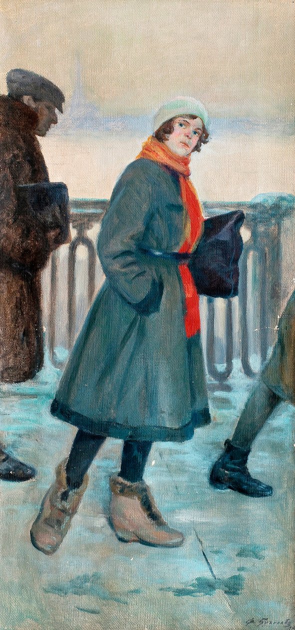 ""A caminho do trabalho"" Uma mulher vai trabalhar (The Way to Work) Pintura de Fyodor Buchholz (1857-1942) Óleo sobre tela 1926 Dim 71x34 cm Coleção Particular de Fyodor Buchholz
