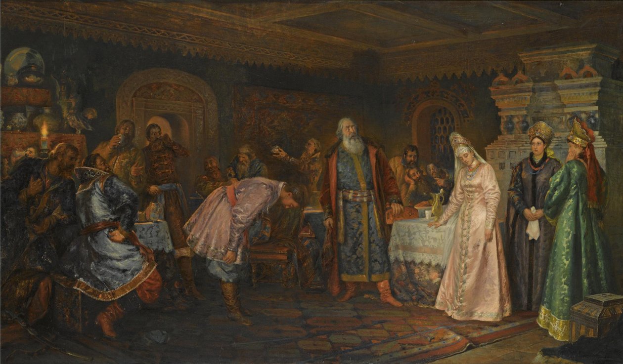 A Cerimónia do Beijo. Boyar Morozov, sua esposa Yelena e o príncipe Serebrenni de Fyodor Fyodorovich Buchholz