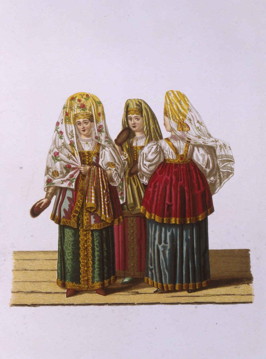 Trajes de mulheres e donzelas de Tver Da série Clothing of the Russian state, 1851 de Fyodor Grigoryevich Solntsev