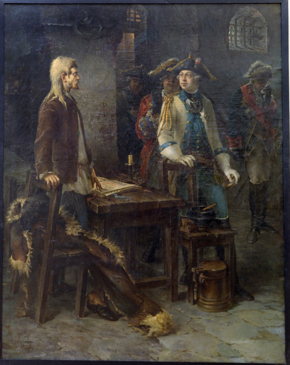 "Le tsar Pierre III rend visite a Ivan VI (1740-1764) enferme dans la forteresse de Chlisselbourg (Schlusselbourg) en 1762 (1728-1762)" Imperador Pedro III visitando Ivan VI Antonovich na Fortaleza de Shlisselburg em 1762 - Peinture de Fyodor Yemelyanovich de Fyodor Jemelyanovich Burov