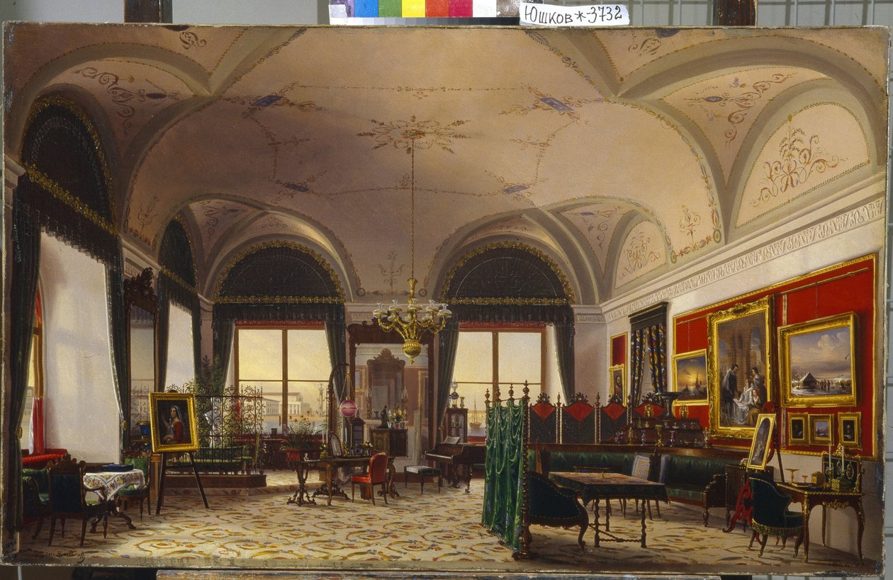 O Estudo da Grã-Duquesa Olga Nikolaevna da Rússia (1822-1895) No Palácio de Inverno em São Petersburgo. (O Estudo da Grã-Duquesa Olga Nikolaevna da Rússia no Palácio de Inverno). Pintura por Fyodor Osipovich Yushkov (1819-1876), óleo sobre tela de Fyodor Osipovich Yushkov