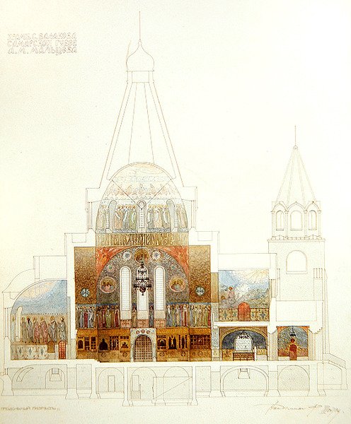 Design para a igreja de Balakovo, vista interior de Fyodor Shekhtel