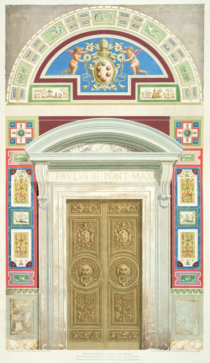 Porta de entrada para a Loggia de Rafael no Vaticano, de &39;Delle Loggie por Rafael no Vaticano&39;, gravada por Giovanni Ottaviani (c.1735-1808), publicada c.1772-77 (gravura colorida à mão) de G. and Camporesi, P. Savorelli