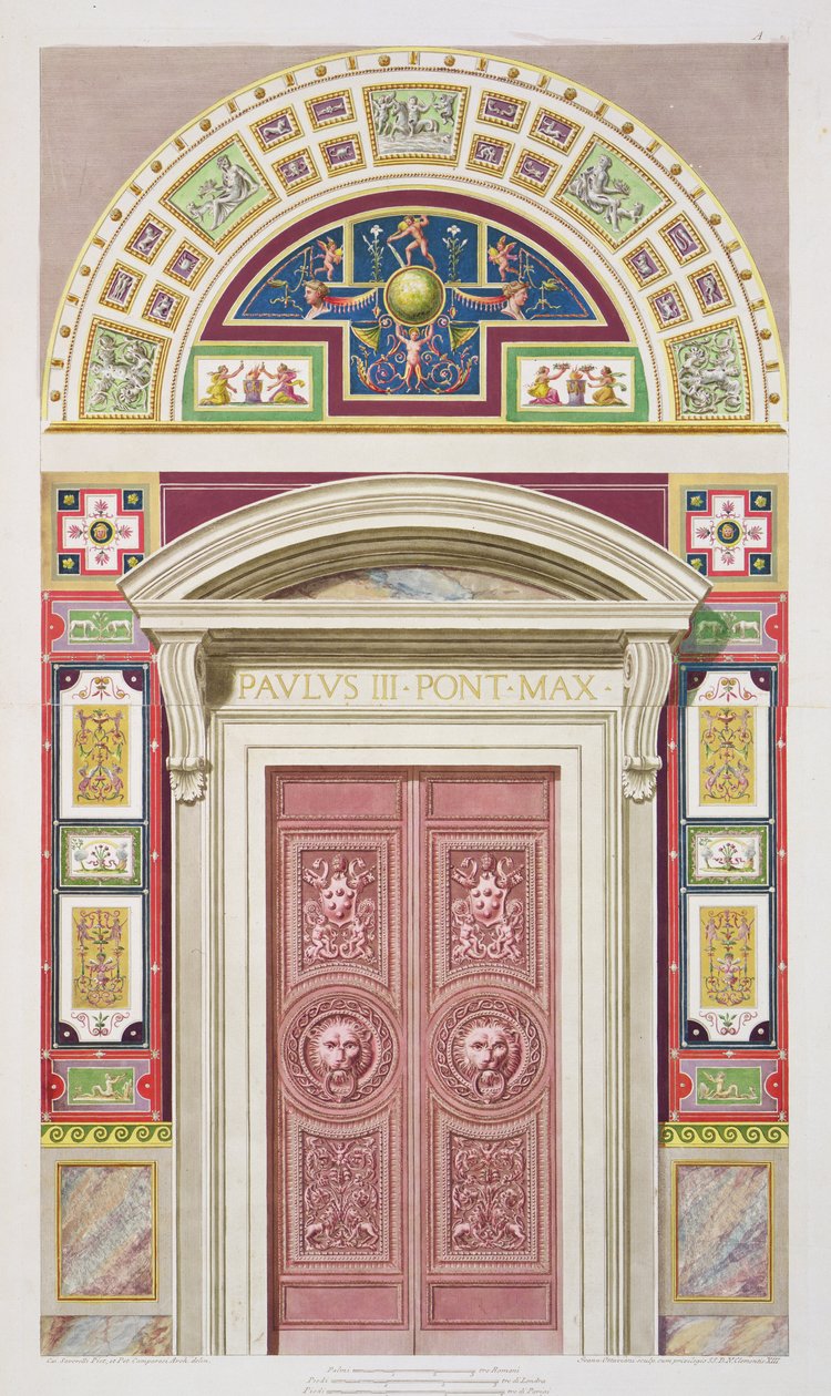 Porta de entrada para a Loggia de Rafael no Vaticano, de &39;Delle Loggie por Rafael no Vaticano&39;, gravada por Giovanni Ottaviani (c.1735-1808), publicada c.1772-77 (gravura colorida à mão) de G. and Camporesi, P. Savorelli