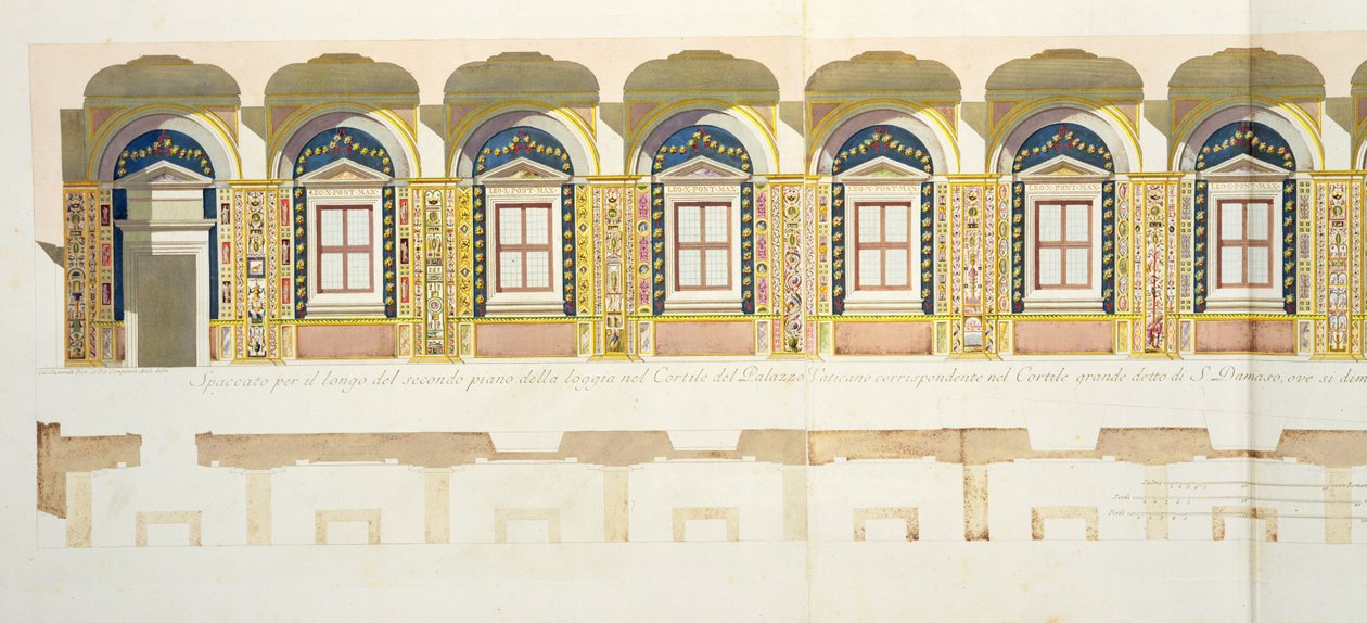 Seção vertical do segundo andar da Raphael Loggia no Vaticano, de &39;Delle Loggie di Rafaele nel Vaticano&39;, publicado c.1772-77 (gravura colorida à mão) de G. and Camporesi, P. Savorelli
