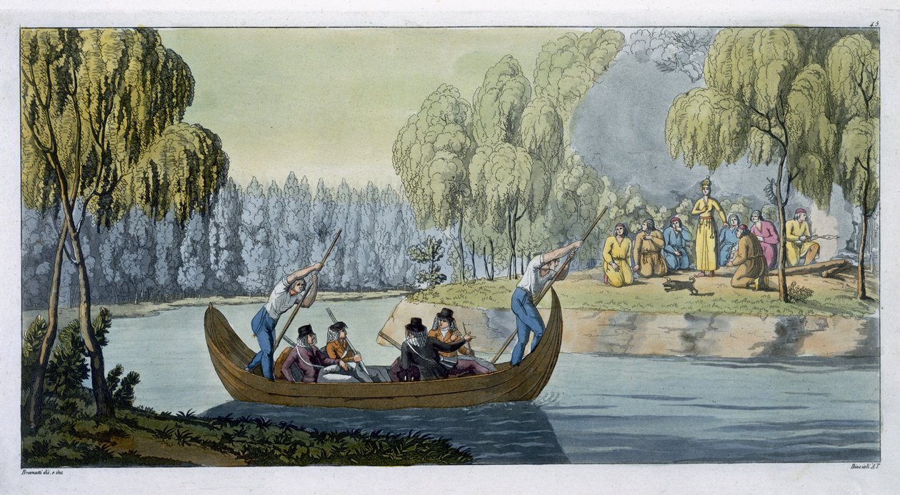 Decepção do capitão Wallis pela rainha Oberea, placa 45 de &39;Le Costume Ancien et Moderne&39;, de Jules Ferrario, publicado em 1820s-30s de G. Bramati