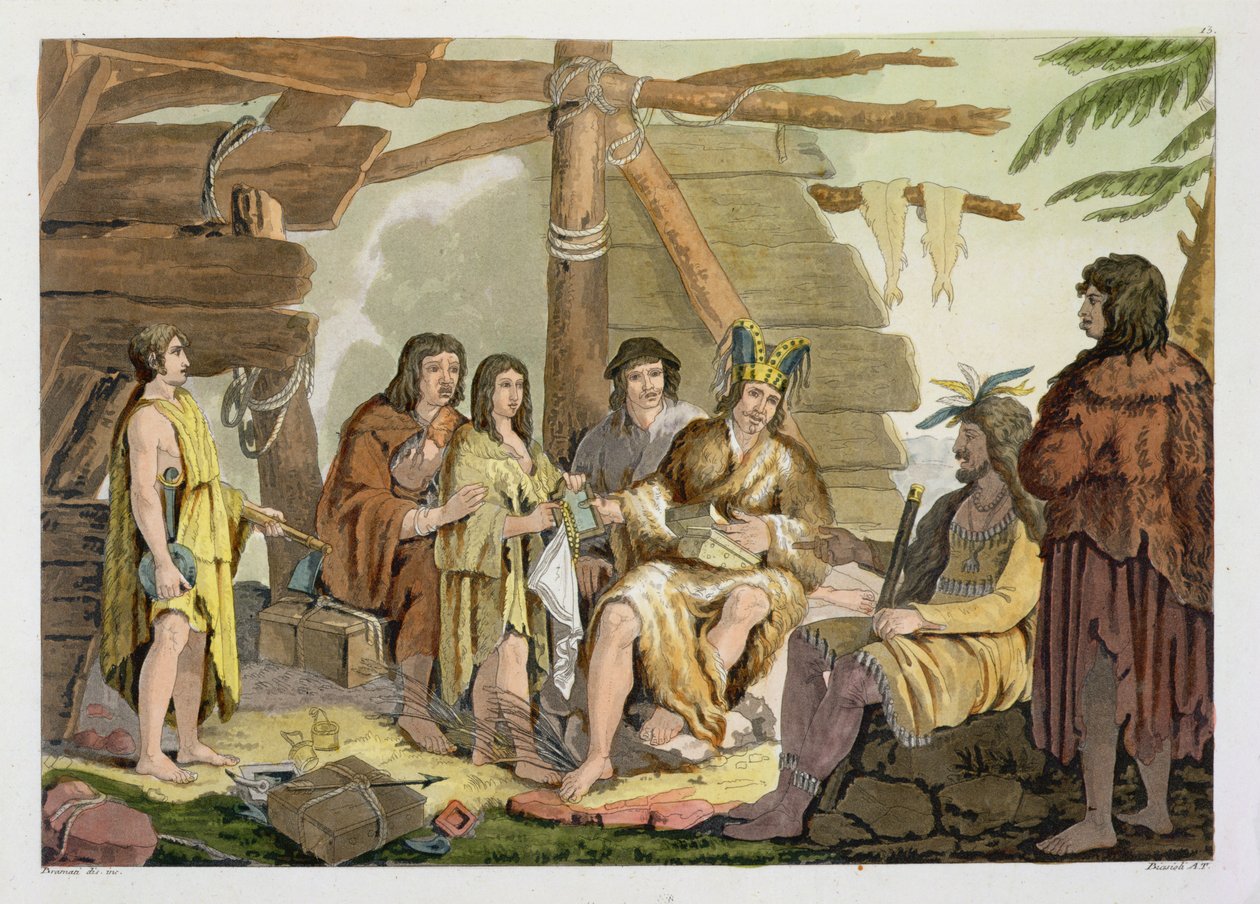 Índios negociando com La Perouse no Canadá (gravura a cores) de G. Bramati