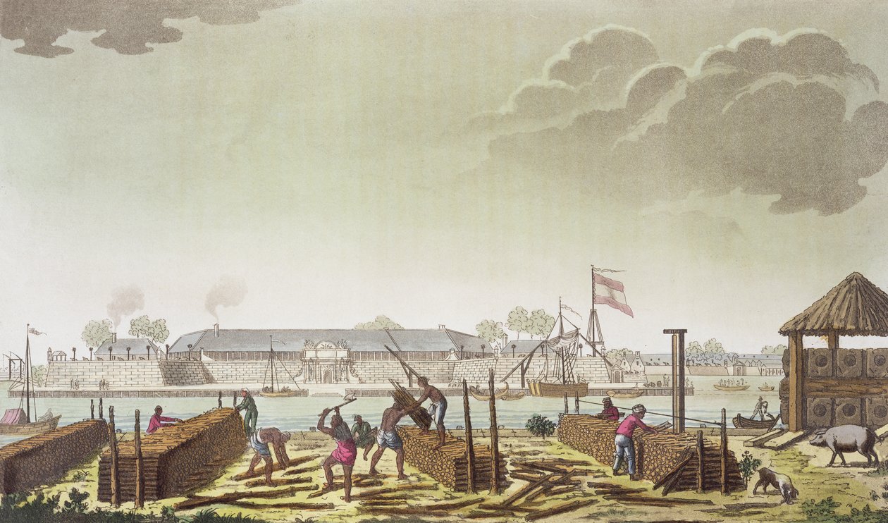 O Forte da Batávia com Registradores Nativos, placa 50 de &39;Le Costume Ancien et Moderne&39;, de Jules Ferrario, publicado em c.1820s-30s de G. Castellini