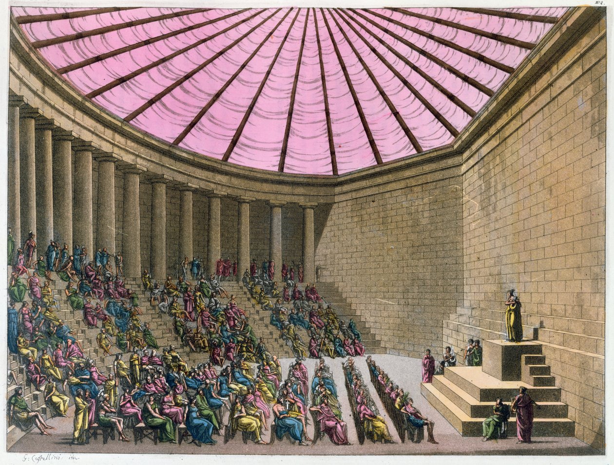 O Odeon na época de Péricles, ilustração de "O Antigo e Moderno Costumino" de Giulio Ferrario, Milão, 1815-1834 (gravura colorida à mão) de G. Castellini