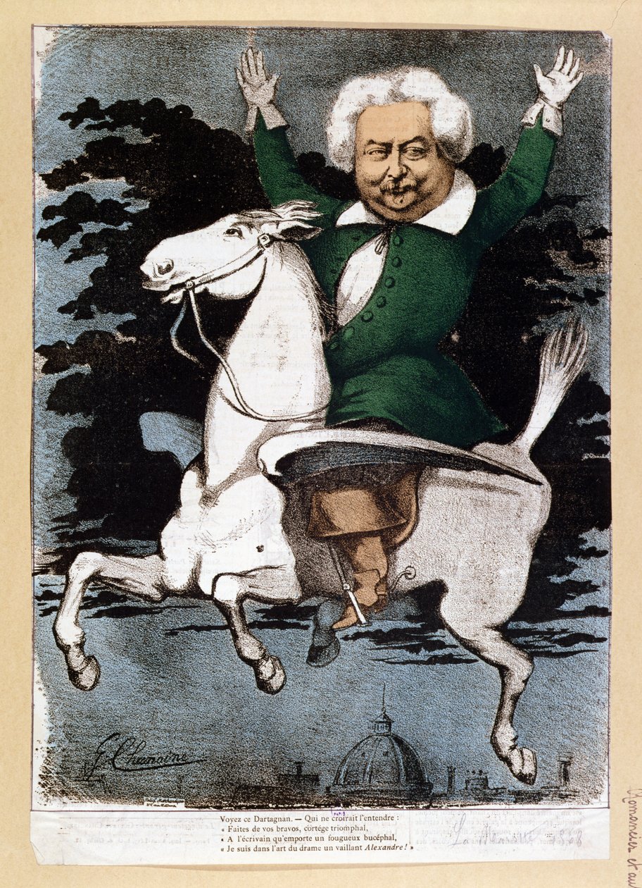 Caricatura de Alexandre Dumas pere (1803-70) como um mosqueteiro, ilustração de La Marotte, 1868 de G. Chanoine