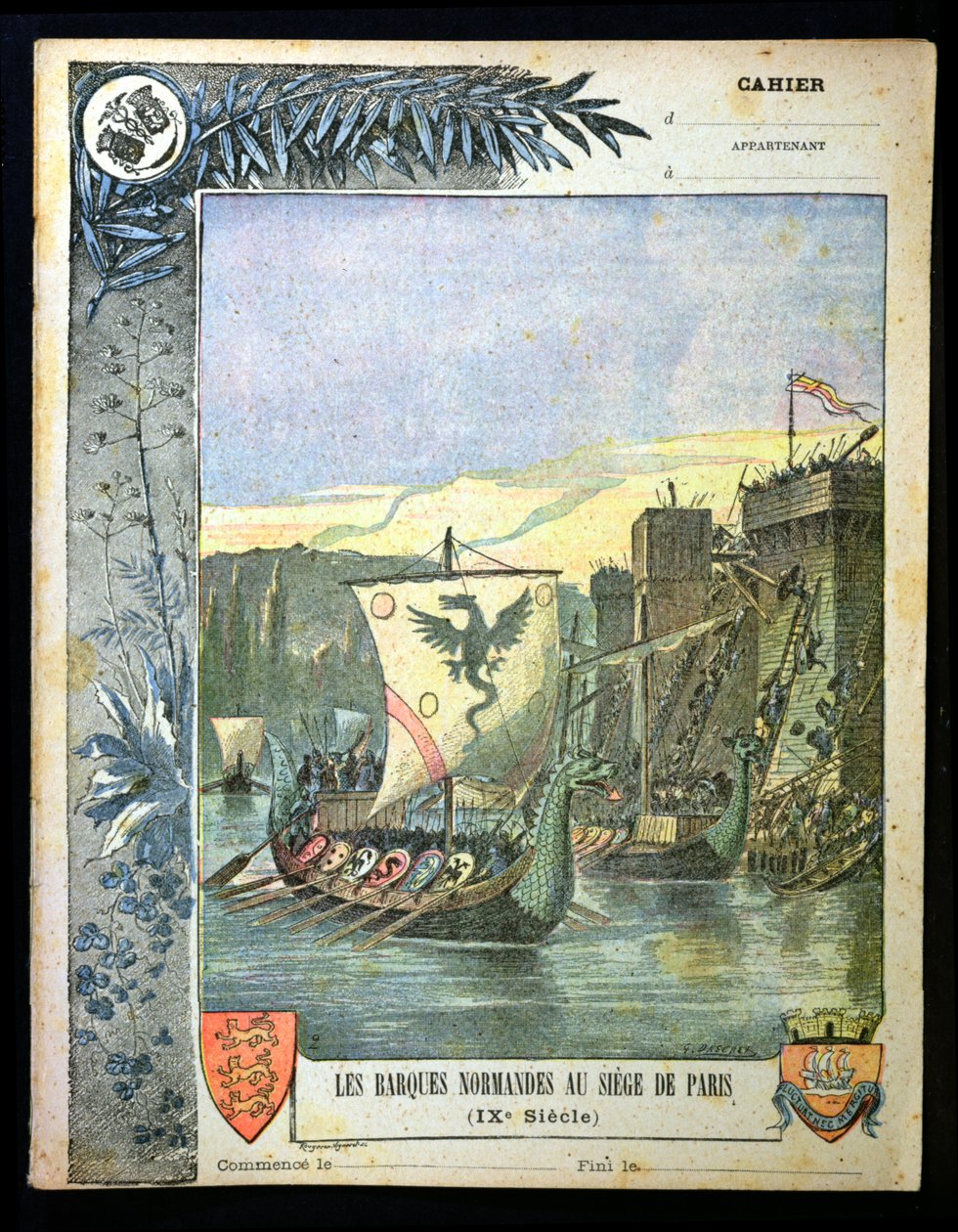 Norman navios assediando Paris, ilustração de uma capa de um livro de exercícios de escola, final do século XIX de G. Dascher