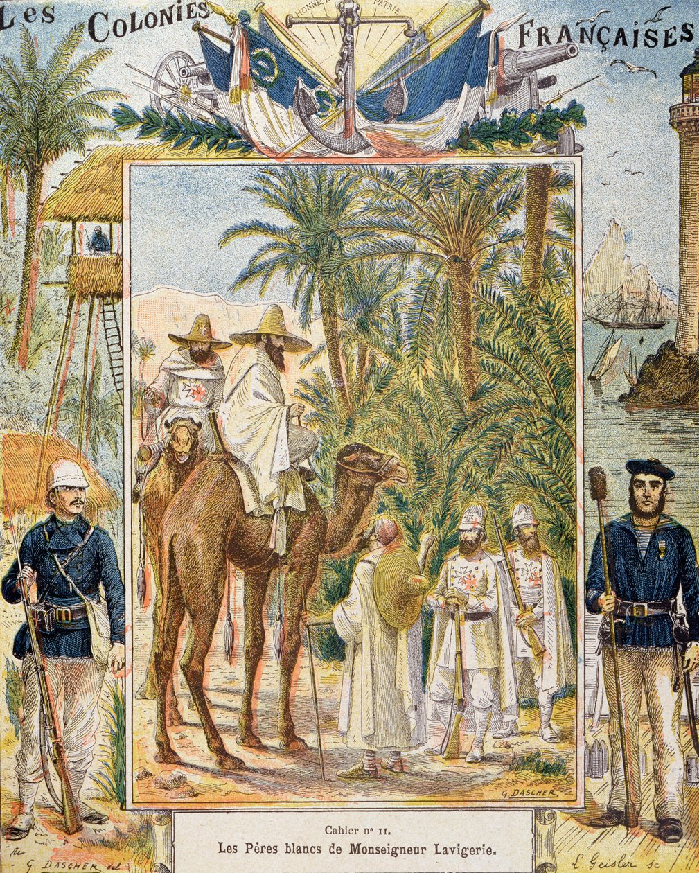 Os Padres Brancos do Cardeal Lavigerie na África, capa de um livro escolar, gravada por L. Geisler, c.1880-90 de G. Dascher