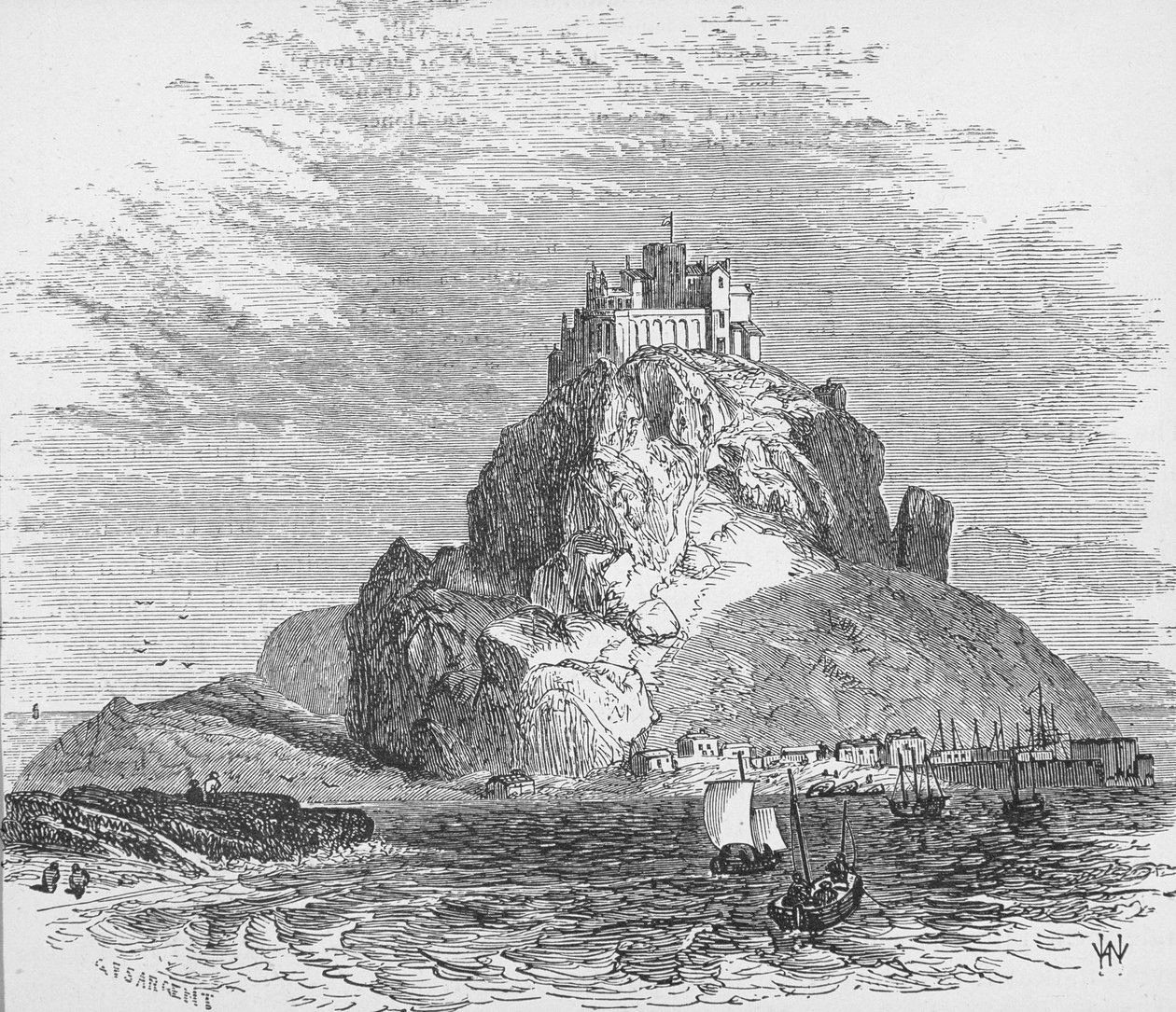 St. Michael&39;s Mount, Cornwall, Inglaterra, de &39;The Gallery of Geography&39;, do Rev. Thomas Milner, publicado em 1880 de G. F. Sargent