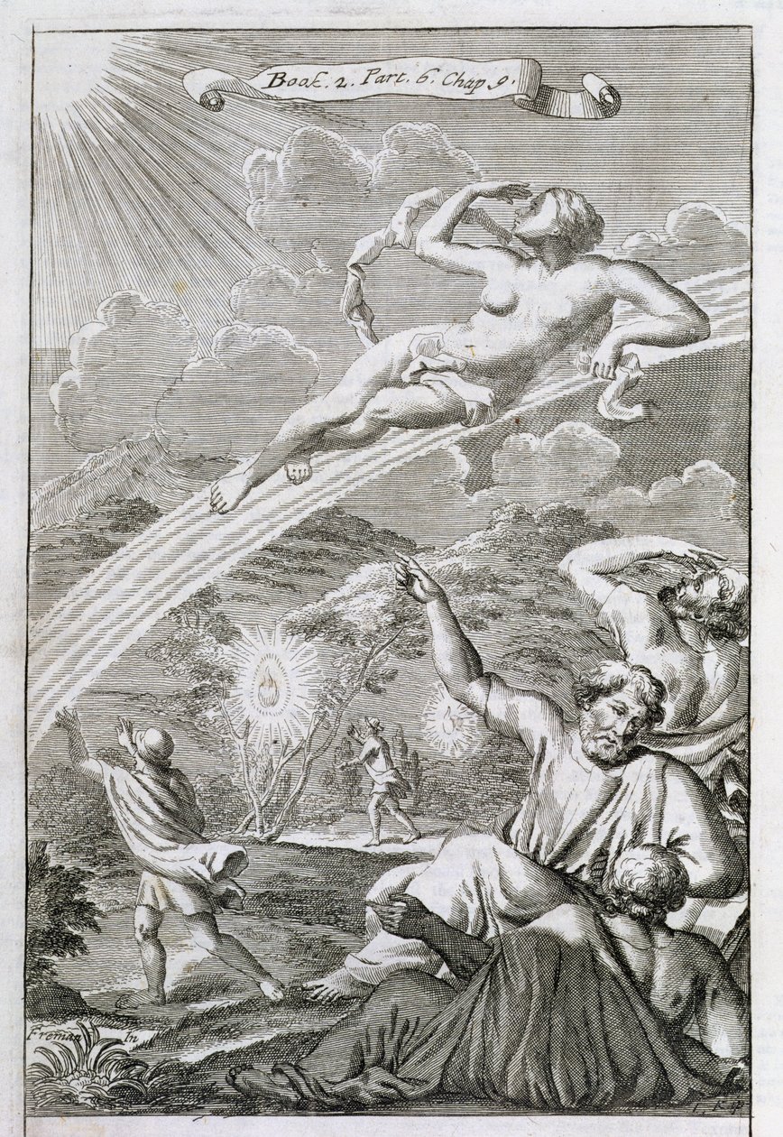 Íris em seu arco-íris, ilustração do livro 2 parte 6 Capítulo 9 de &39;os princípios da filosofia&39; por Anthony Le Grand, gravado por Johannes Kip, 1694 de G Freman