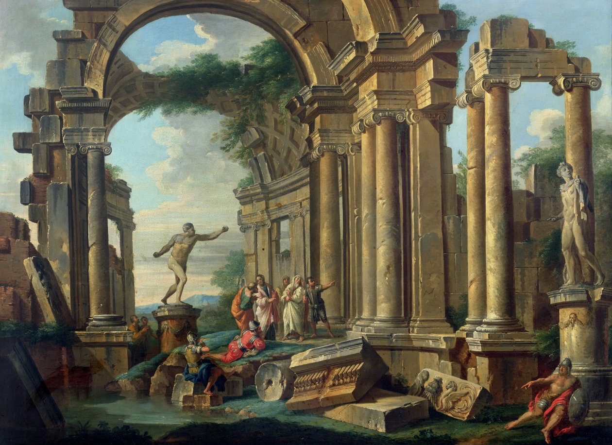 Um capricho arquitetônico com estátuas do guerreiro Agasias e o Apollo Belvedere de Giovanni Paolo Pannini